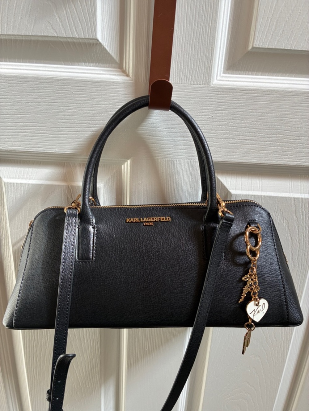 Karl Lagerfeld Black Leather Satchel with Gold Charm Accents